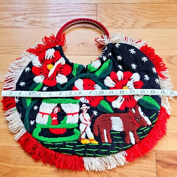 Handcrafted Madeira Portugal Floral Embroidered Crewel Wool Tote Handbag Purse - Picture 14 of 15